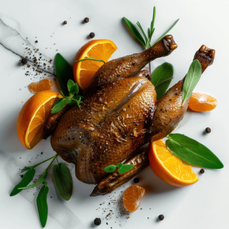 A beautifully roasted bird presented with fresh orange slices and herbs on a white plate, showcasing culinary artistry and vibrant colors perfect for gourmet food photography.の素材