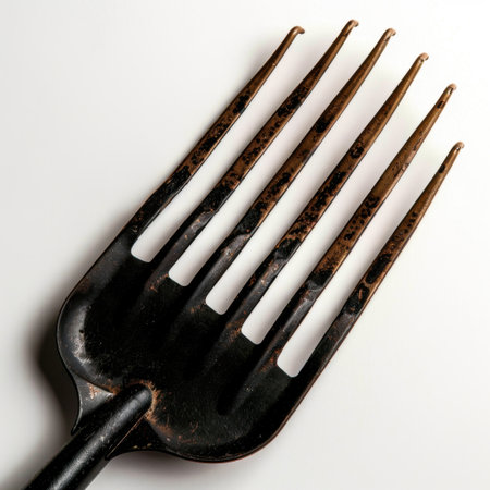 A detailed close-up of a vintage gardening fork, featuring long prongs and a rustic design. The image captures the essence of agricultural tools with character.の素材