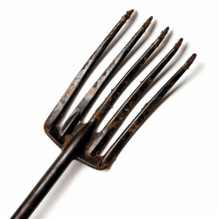 This vintage garden fork features rust and wear, perfect for themes related to agriculture, gardening, and rustic charm. Ideal for country style photography.の素材