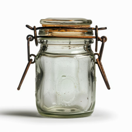 A clear glass jar featuring a secure metal latch and a wooden lid, perfect for food storage or as a decorative piece in kitchen or home environments.の素材
