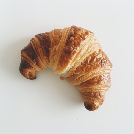 Close-up view of a freshly baked croissant displayed on a minimalist white background, showcasing its golden layers and enticing flaky texture for food lovers.の素材