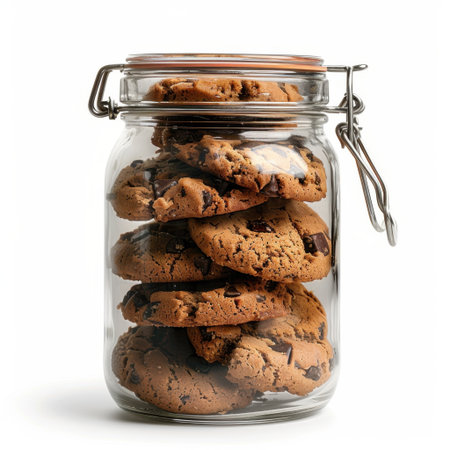 A beautiful glass jar filled with freshly baked chocolate chip cookies, perfect for snack lovers or dessert enthusiasts. A charming addition to any kitchen display.の素材