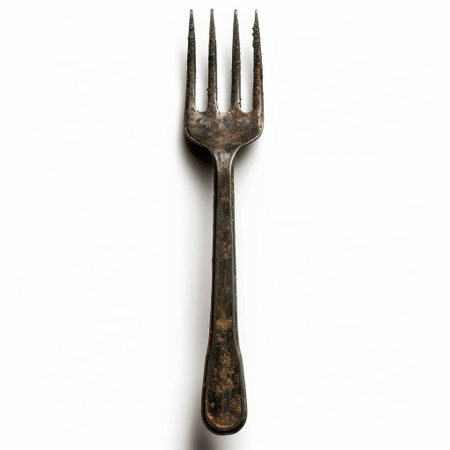 This vintage fork features a rustic design and unique texture, perfect for culinary art, food photography, and enhancing kitchen decor. Ideal for creative projects.の素材