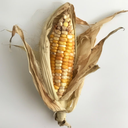 This image showcases a vibrant corn cob partially peeled back to reveal various colorful kernels, surrounded by dried leaves against a clean white backdrop.の素材