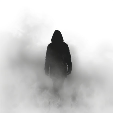 A lone figure in a hooded jacket walks through dense fog, creating an air of mystery and solitude. This atmospheric scene captures the essence of isolation and intrigue.の素材