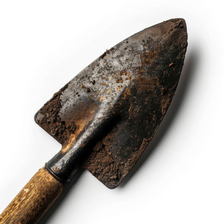This image captures the intricate details of a traditional garden trowel, showcasing its rugged texture with dirt and rust against a clean white background, ideal for gardening content.の素材