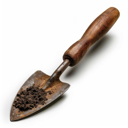 A vintage garden trowel with a wooden handle and soil on its blade, perfect for illustrating gardening, horticulture, and outdoor activities in a minimalist style.の素材