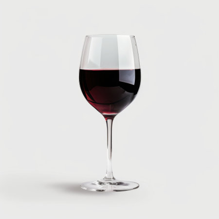 A stunning red wine glass stands elegantly filled with rich dark red wine, set against a simple contemporary background, ideal for culinary and beverage themes.の素材