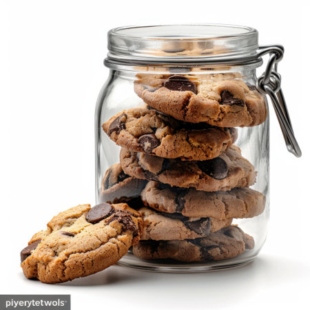 Enjoy a delightful scene of homemade chocolate chip cookies nestled in a glass jar. Perfect for dessert, snacks, or gatherings, these treats bring joy and warmth.の素材