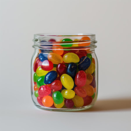 A clear glass jar overflowing with a variety of colorful jelly beans, perfect for candy lovers, parties, or seasonal celebrations. A delightful treat for all ages.の素材