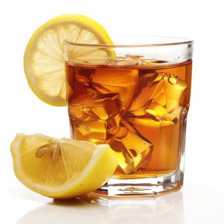 A vibrant glass of iced tea topped with fresh lemon wedges and ice cubes, ideal for summer gatherings or refreshing moments. Enjoy the bright flavors!の素材
