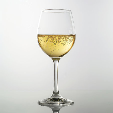 A beautiful glass of sparkling white wine filled with bubbles sits on a reflective surface, embodying elegance and luxury perfect for any dining occasion.の素材