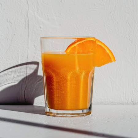 Bright and vibrant orange juice served in a clear glass, garnished with a fresh slice of orange, ideal for promoting healthy lifestyles and refreshing summer drinks.の素材