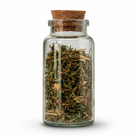 This image features a glass jar filled with dried herbs and spices, expertly preserved with a cork stopper, perfect for enhancing culinary creations and wellness practices.の素材