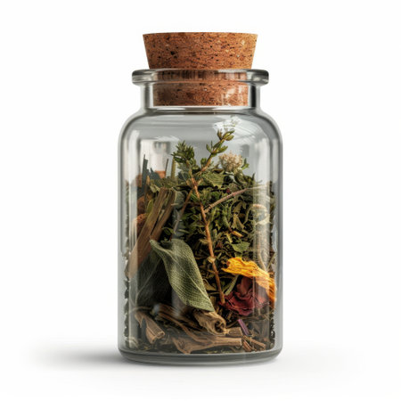 This image features a glass jar filled with an array of dried herbs and vibrant flowers, perfect for culinary use or enhancing wellness practices.の素材