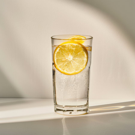 A refreshing glass of lemonade showcases vibrant lemon slices floating in bubbly liquid. Perfect for summer enjoyment, this image captures freshness and light.の素材