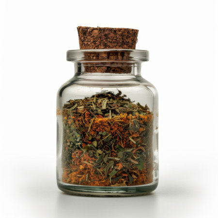 This image features a glass jar filled with a vibrant mix of dried herbs and spices capped with a cork. Ideal for culinary projects or natural ingredient themes.の素材