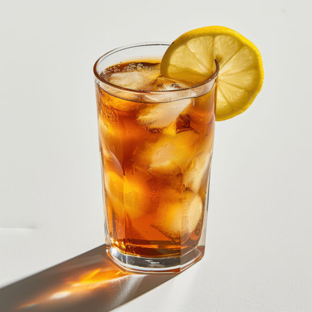 A vibrant glass of iced tea garnished with a slice of lemon, showcasing refreshing ice cubes. Ideal for enjoying on a warm day or enhancing beverage presentations.の素材