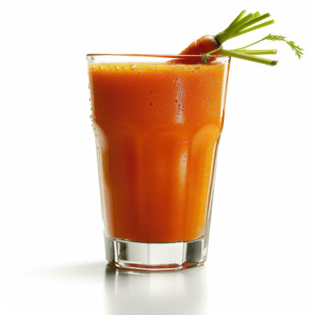 Refresh yourself with this vibrant carrot juice served in a clear glass, garnished with fresh carrot tops. Perfect for illustrating healthy lifestyle choices.の素材
