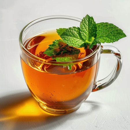 A warm cup of mint tea placed on a light surface, adorned with fresh mint leaves, perfect for a relaxing moment or cozy afternoon sip, emphasizing natural flavors and comfort.の素材