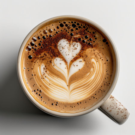 A beautifully crafted latte featuring intricate heart designs in foamed milk, set against a clean white background, perfect for coffee enthusiasts and food art lovers.の素材