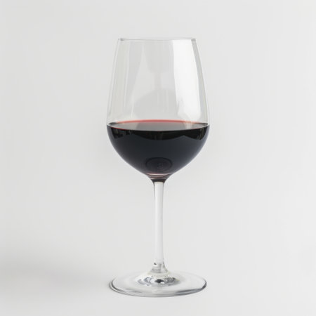 This image features a sophisticated wine glass filled with deep red wine, emphasizing its color and clarity in an elegant minimalist setting. Perfect for wine themes.の素材