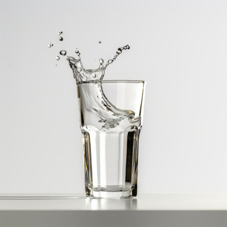 A glass filled with water creates a stunning splash against a white background. The image captures the movement and energy of water, symbolizing freshness.の素材