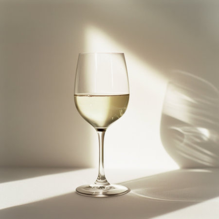 A stunning image of an elegant glass filled with white wine, beautifully highlighting the interplay of light and shadow on a minimalist surface. Perfect for serene visuals.の素材