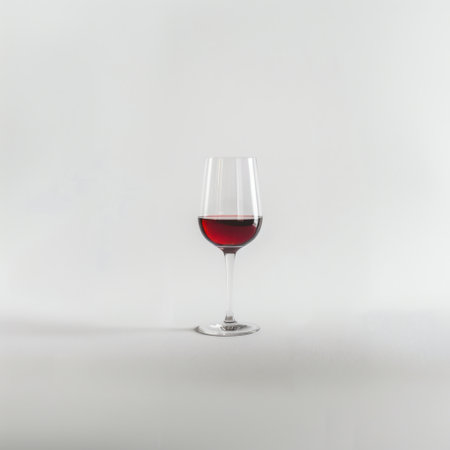 Captivating image of a wine glass filled with luxurious red wine against a simple gray background, perfect for conveying elegance in dining and celebration visuals.の素材