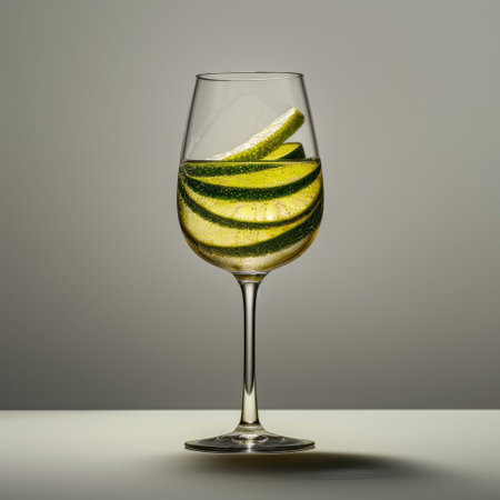 This stunning image features a clear glass filled with fresh cucumber slices, perfect for summer refreshment. Ideal for promoting health and culinary creativity.の素材