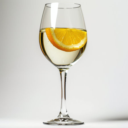 A close-up of a glass containing a refreshing beverage with a vibrant orange slice, perfect for summer gatherings, celebration, and relaxation moments.の素材