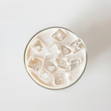 A top view of a refreshing iced drink showcasing creamy layers and ice cubes in a clear glass on a minimal white background, perfect for summer inspiration.の素材