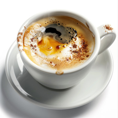 A steaming cup of coffee with frothy cream and a sprinkle of cinnamon, perfect for coffee lovers. Ideal for food photography and cafe themes.の素材