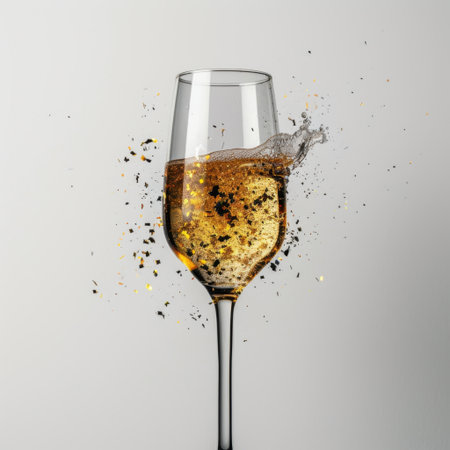 A stunning image of a sparkling champagne glass filled with golden bubbles, showcasing a splash that symbolizes celebration and joy in an elegant setting.の素材