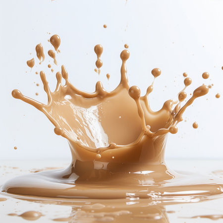 A stunning close-up image of creamy liquid droplets splashing into a pool, showcasing dynamic movement and beautiful light reflections, perfect for creative projects.の素材