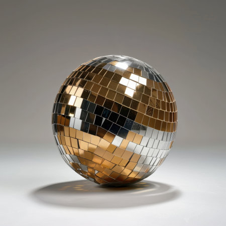 A vibrant disco ball featuring a mix of shiny gold and silver reflective tiles, perfect for adding an energetic atmosphere to parties and celebrations.の素材