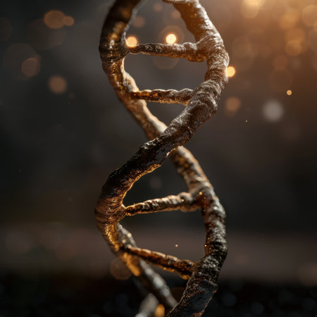 A detailed close-up of a spiraling structure featuring golden highlights, perfect for use in abstract or scientific designs. The interplay of light and shadows adds depth.の素材