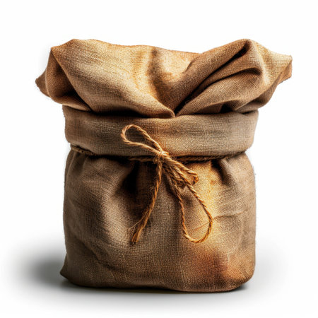This rustic burlap sack, tied with twine, offers a charming and natural appeal perfect for vintage or farm-themed designs. Ideal for various creative projects.の素材