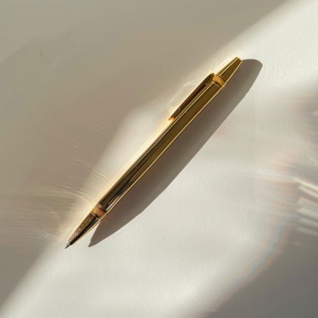 A refined golden pen gracefully placed on a white surface, showcasing its sleek design and reflecting light beautifully, perfect for branding or creative projects.の素材