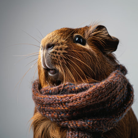 A delightful guinea pig wearing a stylish scarf strikes an adorable pose for the camera. This charming pet radiates warmth and personality in a creative close-up shot.の素材