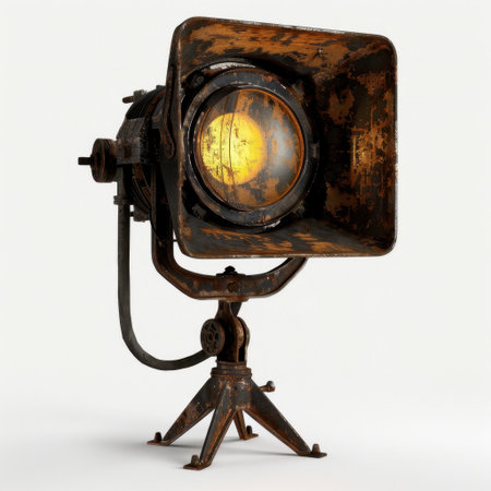 This image features a vintage rusty spotlight mounted on a tripod, embodying unique industrial design. It stands out with a warm glow, ideal for artistic projects.の素材
