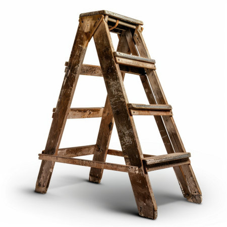 This weathered wooden step ladder offers rustic charm and character, making it an ideal prop for home decor, photography, and creative DIY projects.の素材