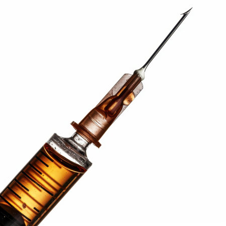 A detailed image of a syringe filled with a brown liquid, representing a crucial tool in medical settings for injections and treatments, highlighting safety and precision.の素材