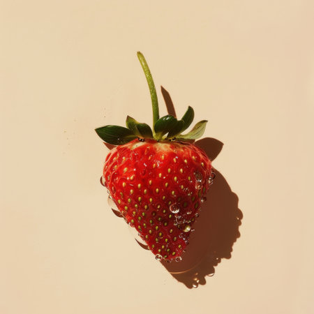 A vibrant strawberry topped with water droplets creates an enticing image. This fresh fruit is ideal for culinary projects, nutrition themes, and food photography.の素材
