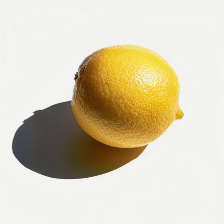 A vibrant lemon showcasing its bright yellow hue and textured skin, casting a soft shadow on a clean white background, perfect for food-related projects and healthy recipes.の素材
