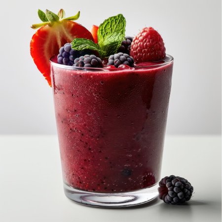 A vibrant berry smoothie featuring fresh strawberries, raspberries, and blackberries, garnished with mint leaves, ideal for a refreshing summer drink.の素材