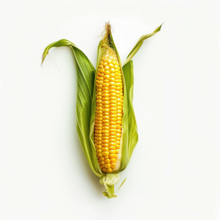 Vibrant corn on the cob nestled in its green husk against a clean white background. Ideal for culinary artworks, agricultural contents, and healthy eating concepts.の素材