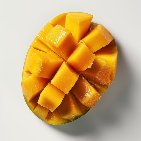 Enjoy the vibrant colors and textures of a fresh, juicy mango, perfectly cubed for easy eating. A stunning addition to any healthy culinary project or snack idea.の素材