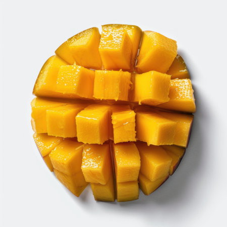 Bright, freshly cut ripe mango cubes arranged beautifully on a white background, showcasing their vibrant color and tempting texture for healthy recipes and food presentations.の素材