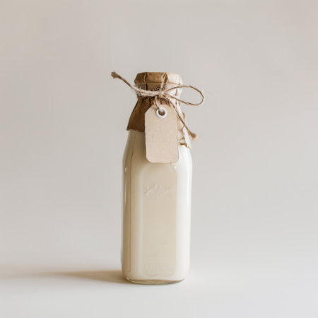 This vintage glass milk bottle features a charming design with a twine tie and a blank tag, ideal for rustic and minimalist decor or food photography.の素材